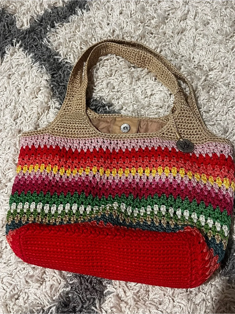 The Sak Multicolor Crochet Tote Bag with Red Base